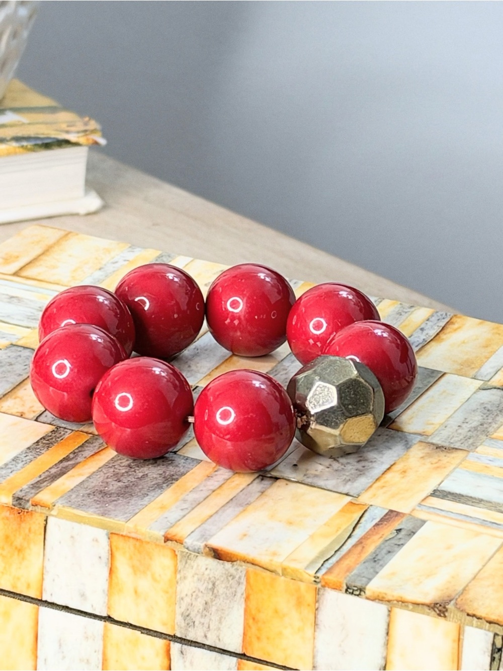 Chunky Red Beaded Stretch Bracelet 6.5” Oversized Statement Gold Tone Accent